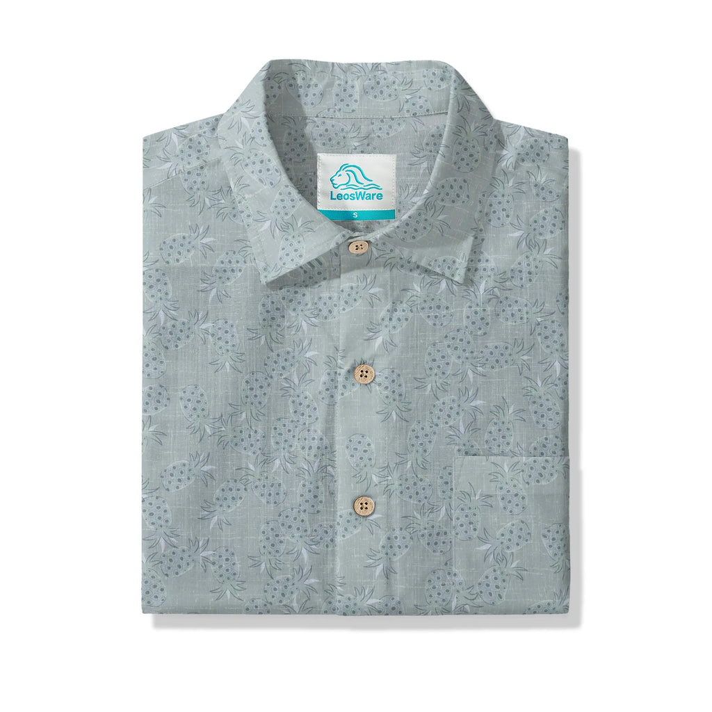 LeosWare® Men's Hawaiian Shirt Short Sleeve Button-up 100% Cotton Gray Aloha Vintage Pineapple Mist Shadow By Huan huan