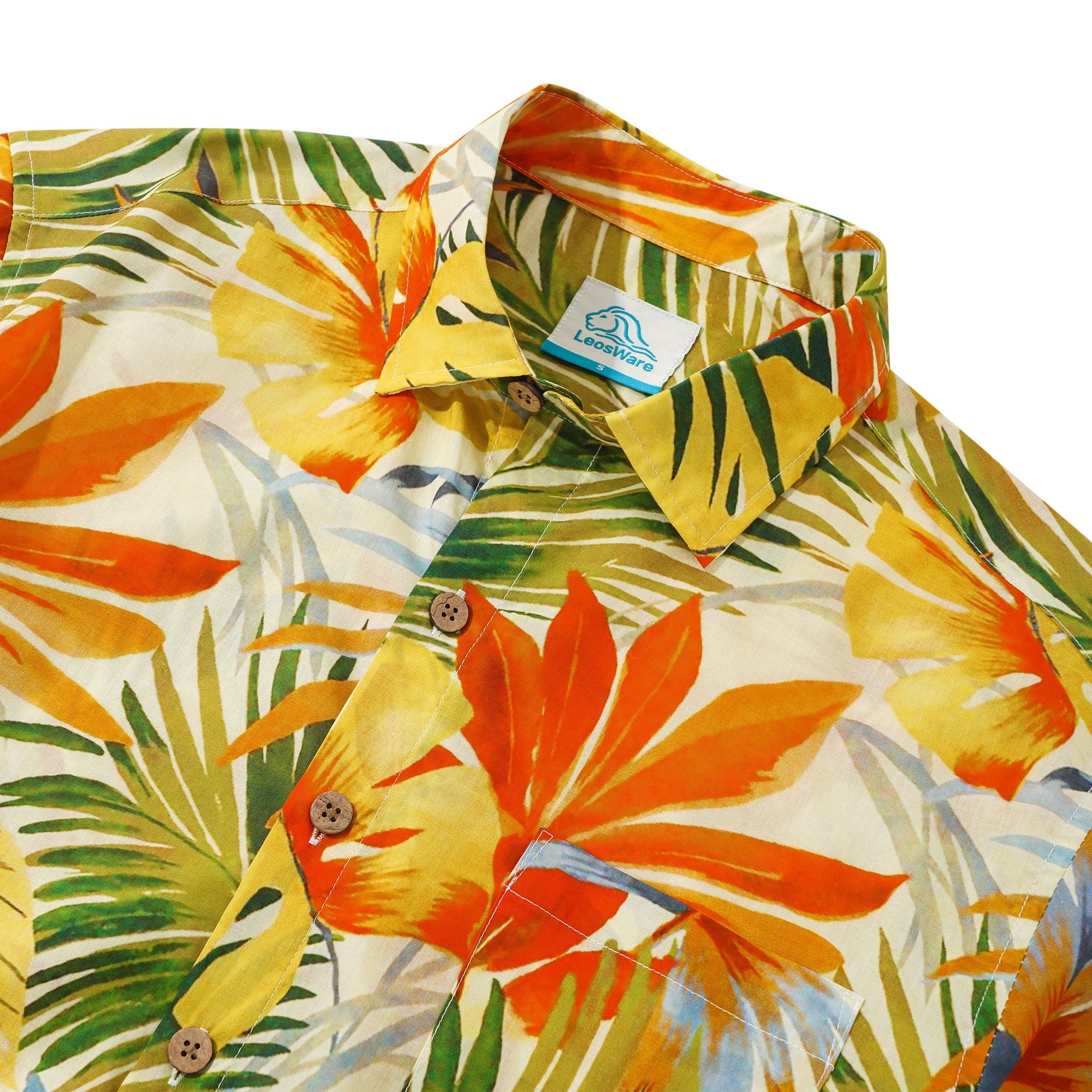 LeosWare® Men's Hawaiian Shirt Short Sleeve Button-up 100% Cotton Yellow Aloha Fiery Tropical Leaf Fantasia By Ethan