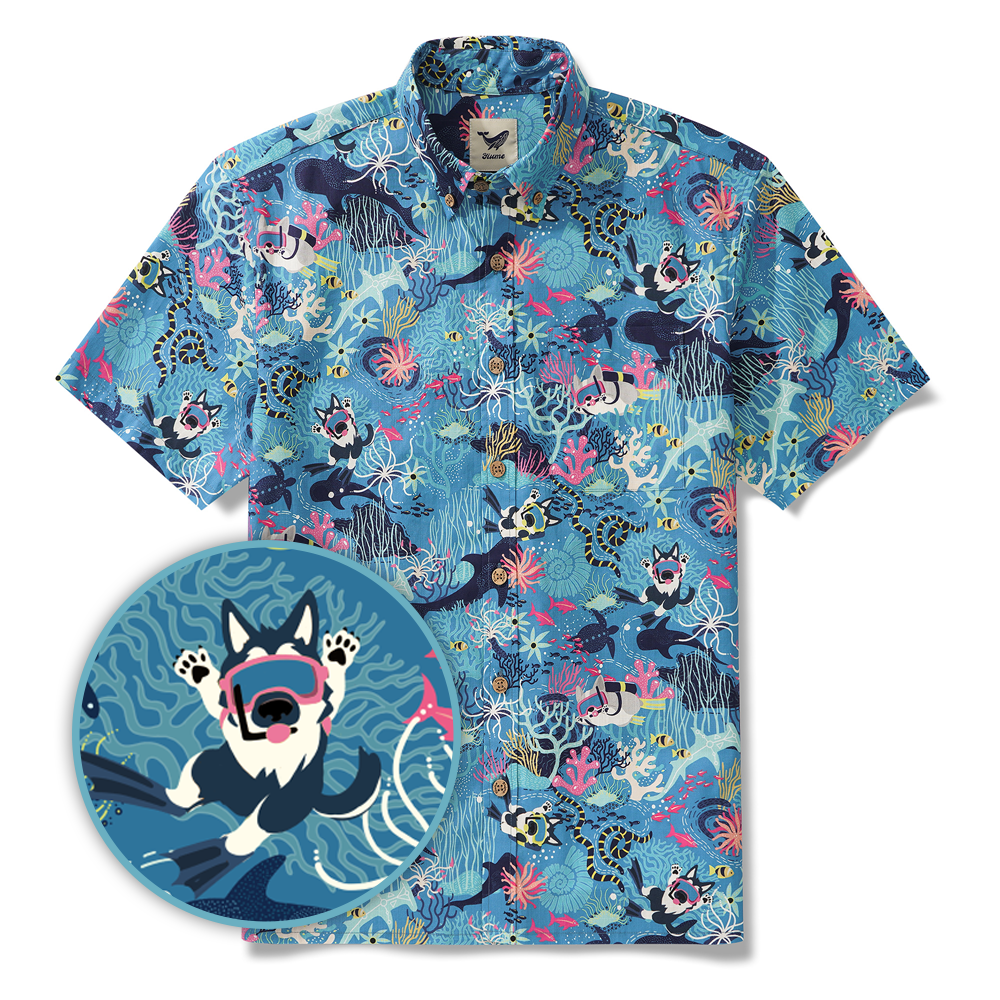 Men's Blue Hawaiian Shirt Fish & Turtle Shirt Short Sleeve Button-down 100% Cotton Blue Aloha Dive Pup By Zeke