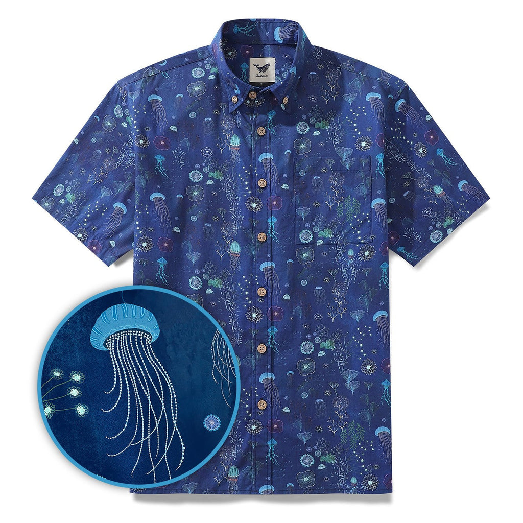 Men's Deep Blue Hawaiian Shirt 100% Cotton Button-down Short Sleeve Jellyfish Aloha Shirt By Catharina Edlund