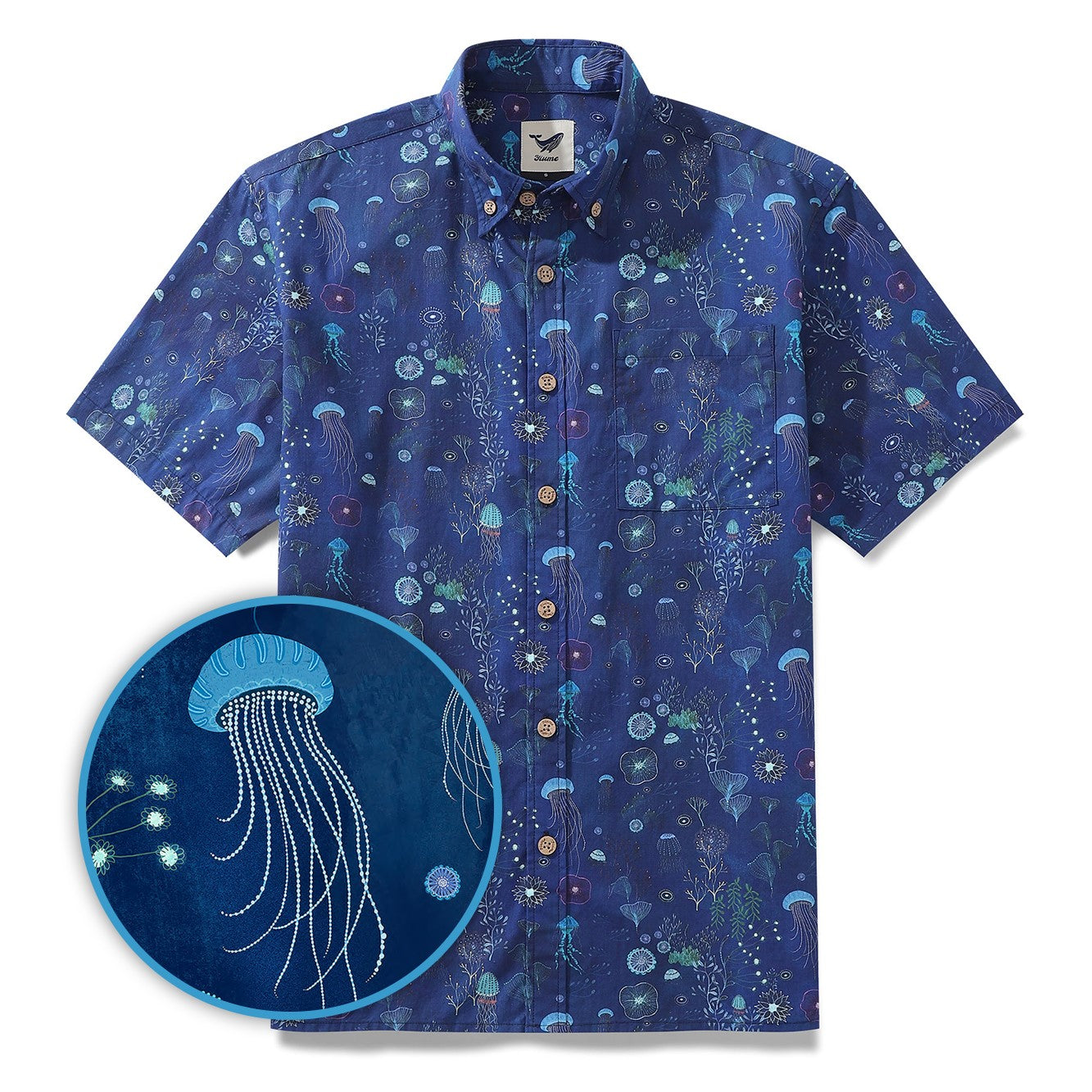 Men's Deep Blue Hawaiian Shirt 100% Cotton Button-down Short Sleeve Jellyfish Aloha Shirt By Catharina Edlund