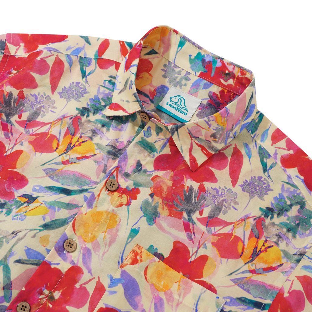LeosWare® Men's Hawaiian Shirt Short Sleeve Button-up 100% Cotton Red Aloha Spring Floral Illustration By Ethan