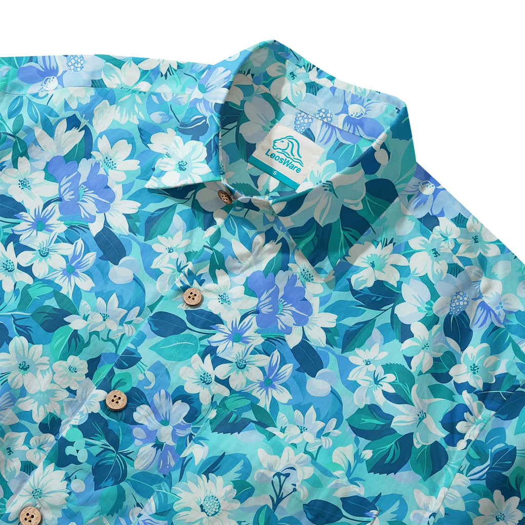 LeosWare® Flower Men's Hawaiian Shirt Short Sleeve Button-up 100% Cotton Blue Aloha Blue Oasis By Ann
