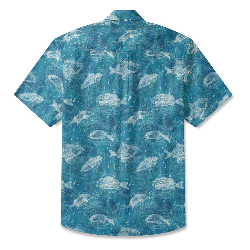 LeosWare® Men's Hawaiian Shirt Short Sleeve Button-up 100% Cotton Aloha Rain Falls On Green Pond By Ann