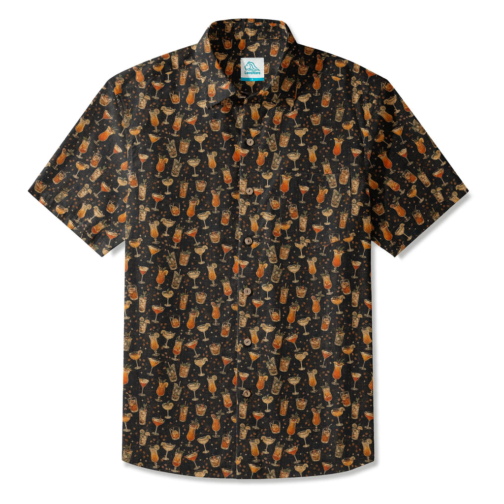 LeosWare® Men's Hawaiian Shirt Short Sleeve Button-up 100% Cotton Black Aloha `old Times Drinks Menu` By Ann