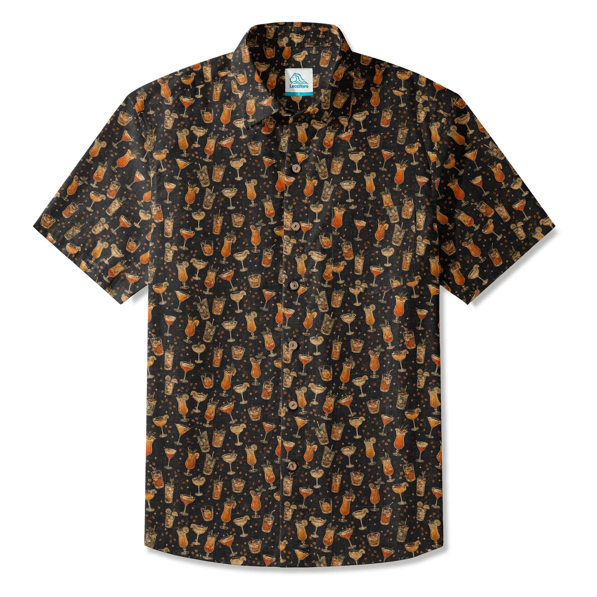 LeosWare® Men's Hawaiian Shirt Short Sleeve Button-up 100% Cotton Black Aloha `old Times Drinks Menu` By Ann