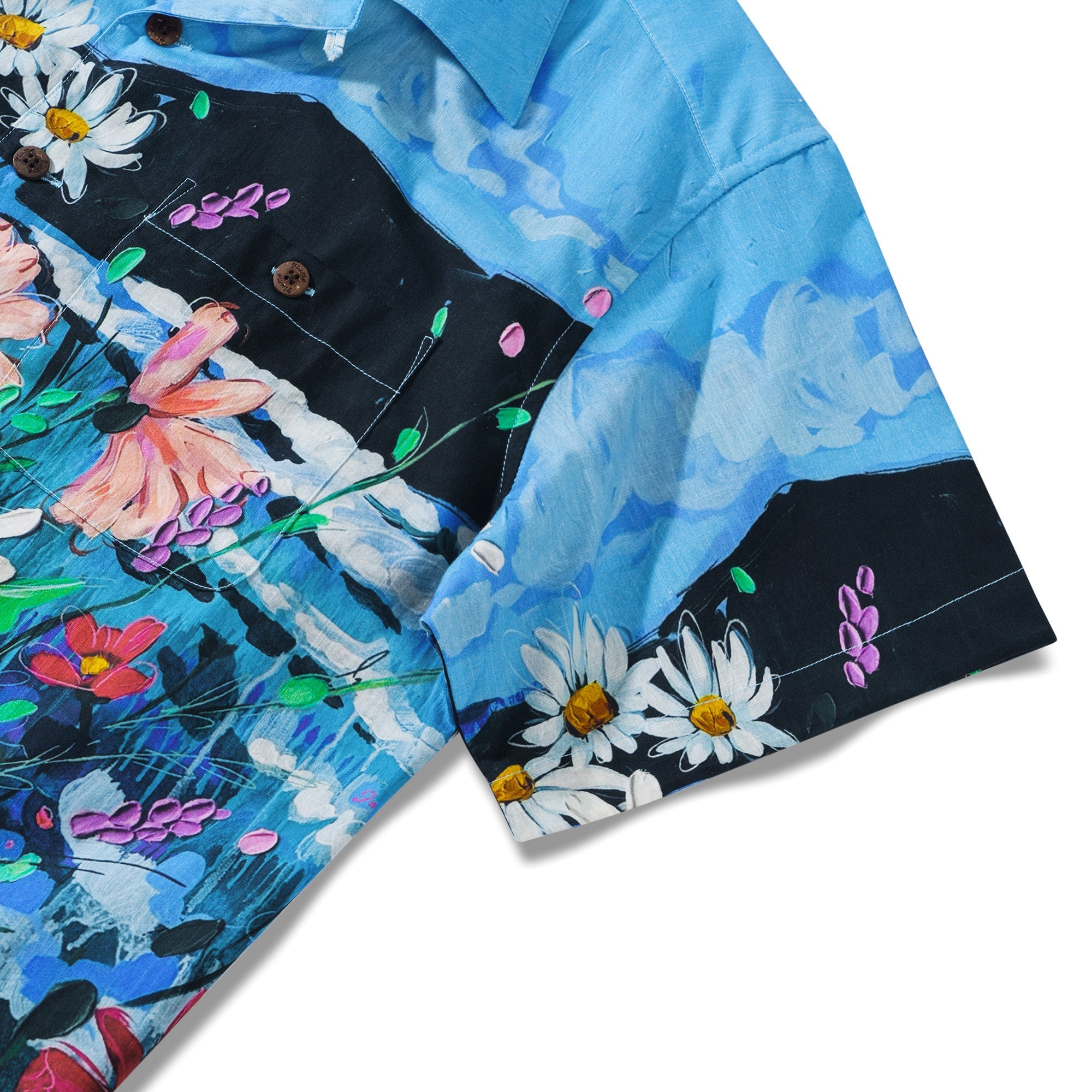 Ocean By Katie Leigh Stewart 100% Cotton Men's Short Sleeve Camp Collar Shirt Blue Aloha Hawaiian