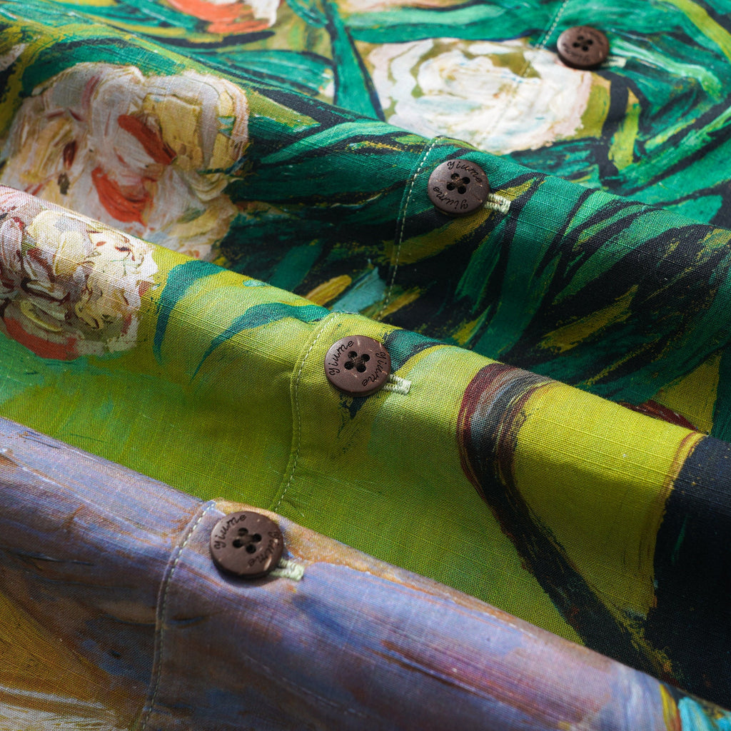 Men's Hawaiian Shirt Short Sleeve Camp Collar 100% Cotton Green Aloha Van Gogh Blossoms By Mo