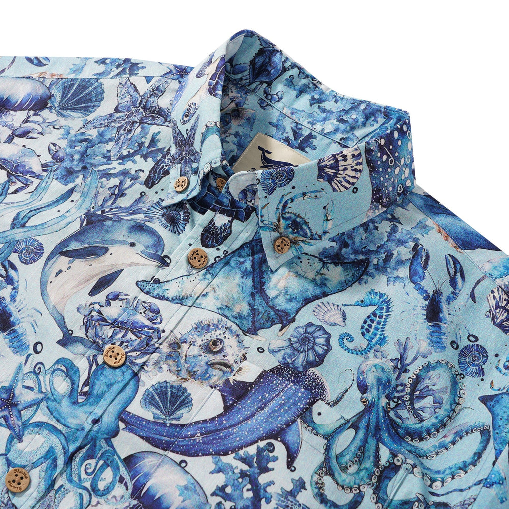 Men's Hawaiian Shirt Short Sleeve Button-down 100% Cotton Blue Aloha Watercolor Ocean By Yakima