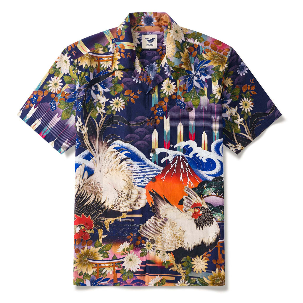 Japanese ukiyo-e Hawaiian Shirt 100% Cotton Men's Aloha Short Sleeve Camp Collar Wave Shirt Eastern Inspired Rooster By Zeke