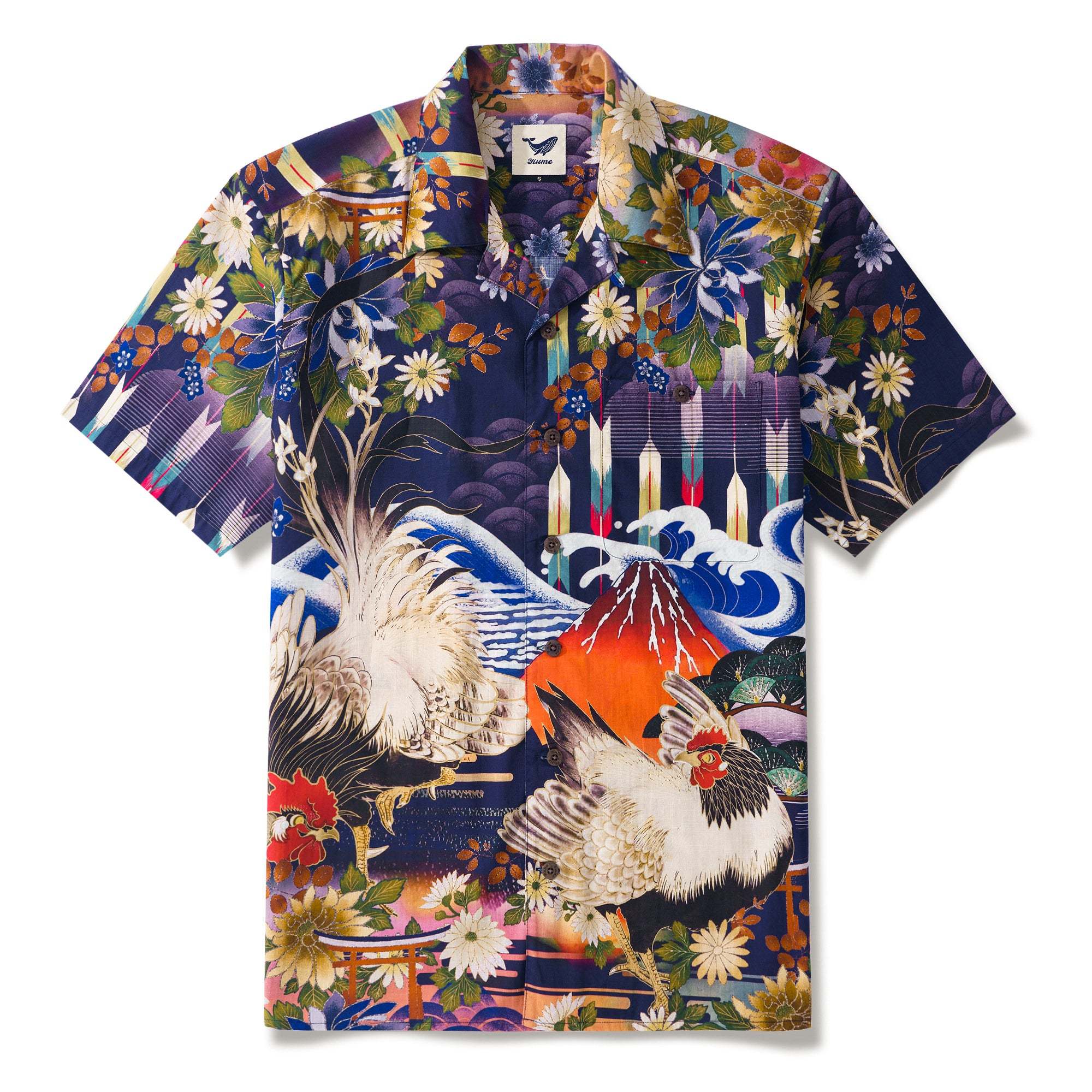 Japanese ukiyo-e Hawaiian Shirt 100% Cotton Men's Aloha Short Sleeve Camp Collar Wave Shirt Eastern Inspired Rooster By Zeke