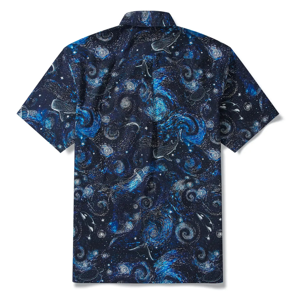 Men's Hawaiian Shirt Short Sleeve Button-down 100% Cotton Blue Aloha Dreams Of The Starry Sea Jellyfish Whale By Mo