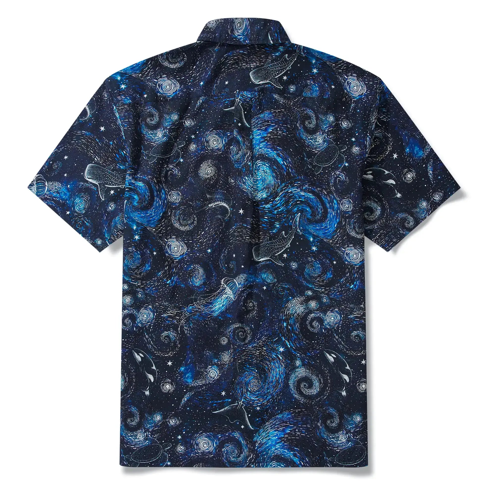 Men's Hawaiian Shirt Short Sleeve Button-down 100% Cotton Blue Aloha Dreams Of The Starry Sea Jellyfish Whale By Mo