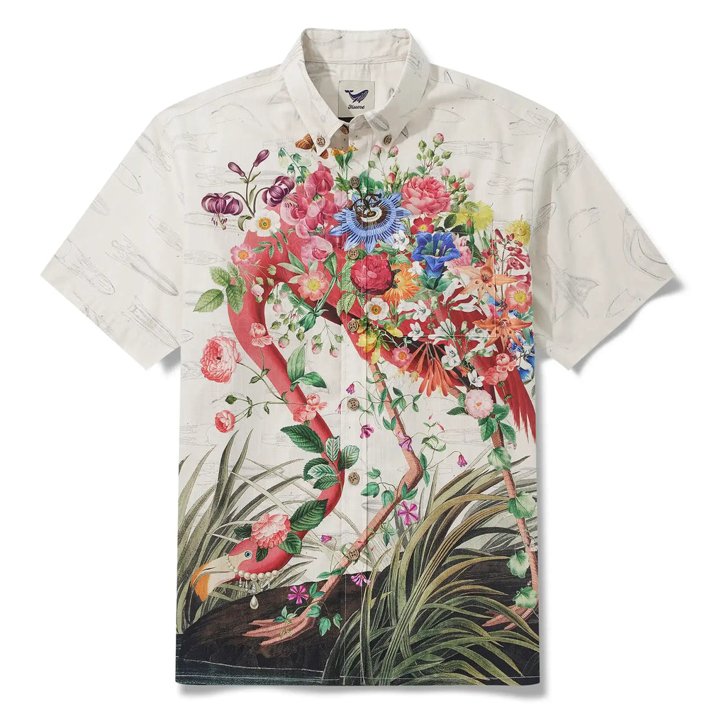 Men's Hawaiian Shirt Short Sleeve Button-down 100% Cotton Flower Floral Aloha Flamboyant Flamingo Blooms By Mo