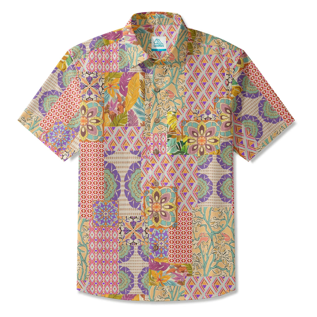 LeosWare® Men's Hawaiian Shirt Short Sleeve Button-up 100% Cotton Yellow Aloha Bohemian Patchwork Paradise By Huan huan