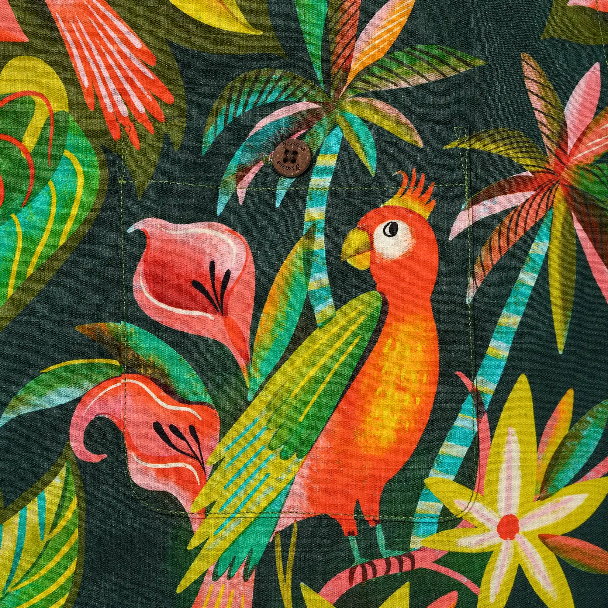 Men's Hawaiian Shirt Short Sleeve Camp Collar 100% Cotton Green Aloha Parrots In The Jungle By Uta Krogmann