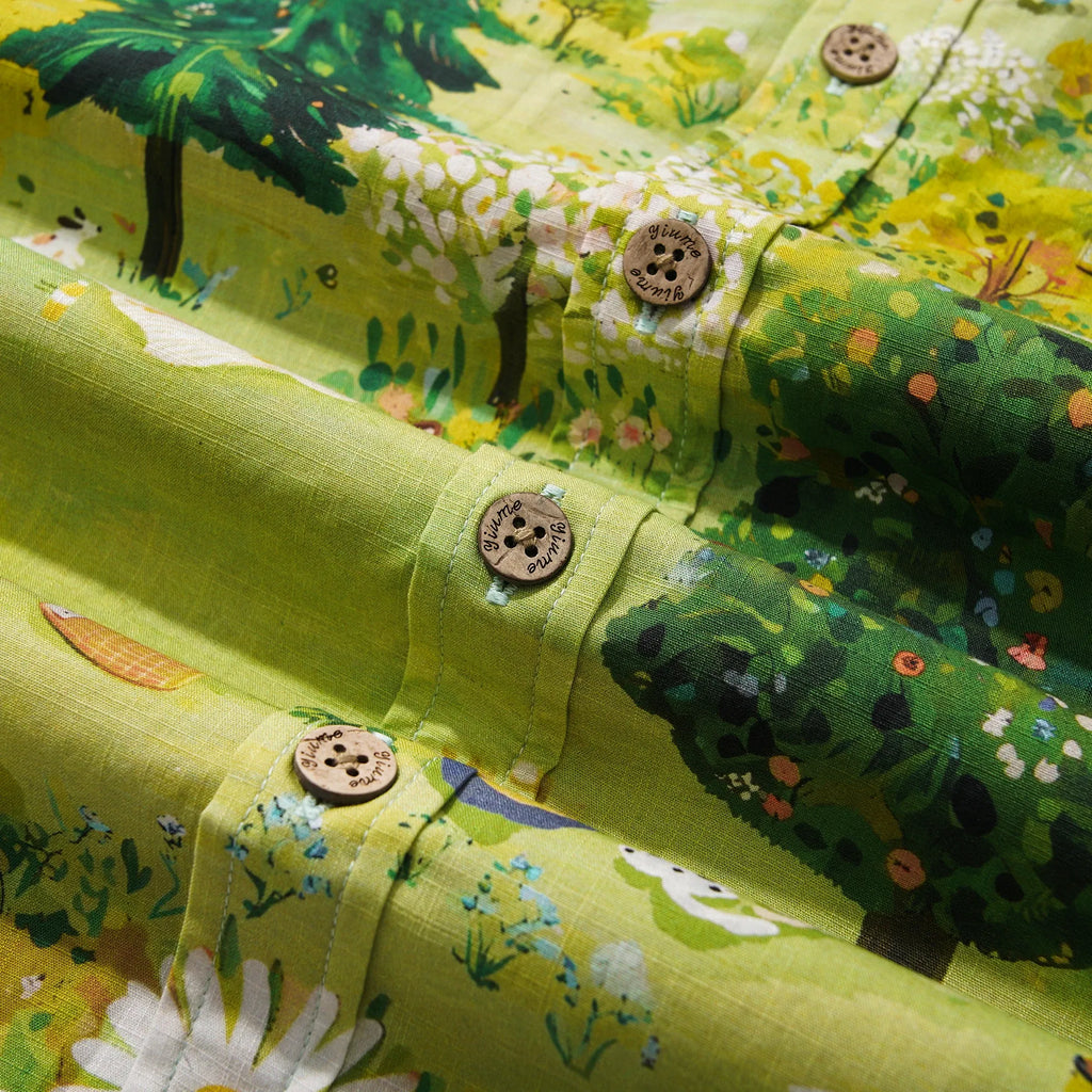 Men's Hawaiian Shirt Short Sleeve Button-down 100% Cotton Green Aloha Daisy Meadow Picnic By Cigar