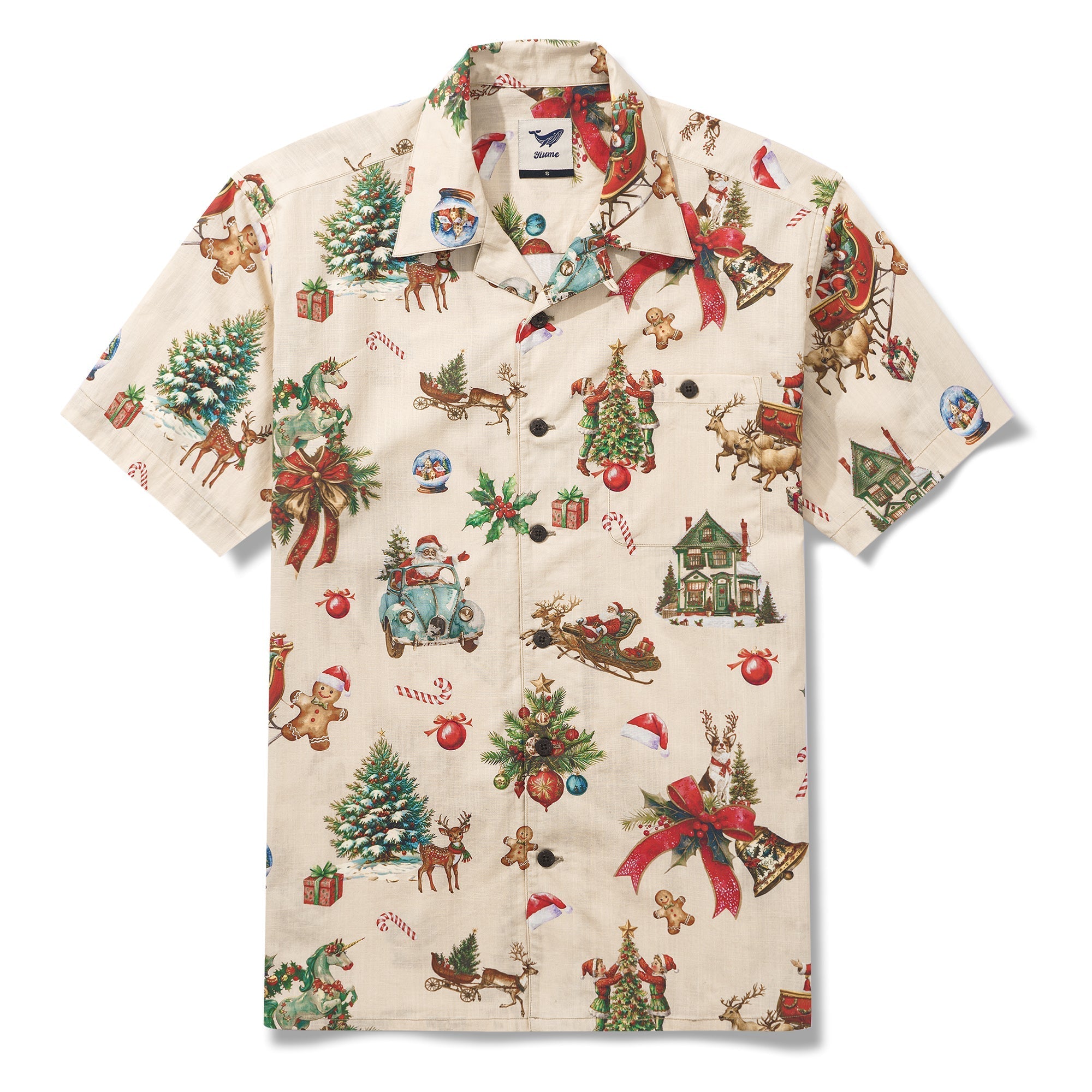 Vintage Christmas 100% Cotton Men's Aloha Hawaiian Short Sleeve Camp Collar Shirt By Yana