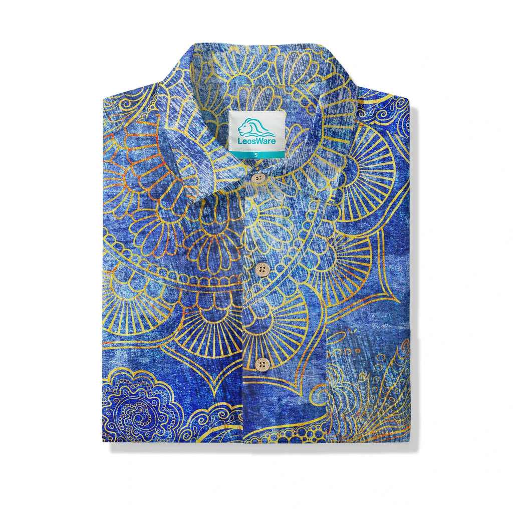 LeosWare® Men's Hawaiian Shirt Short Sleeve Button-up 100% Cotton Blue Aloha Indigo Mandala By Ann