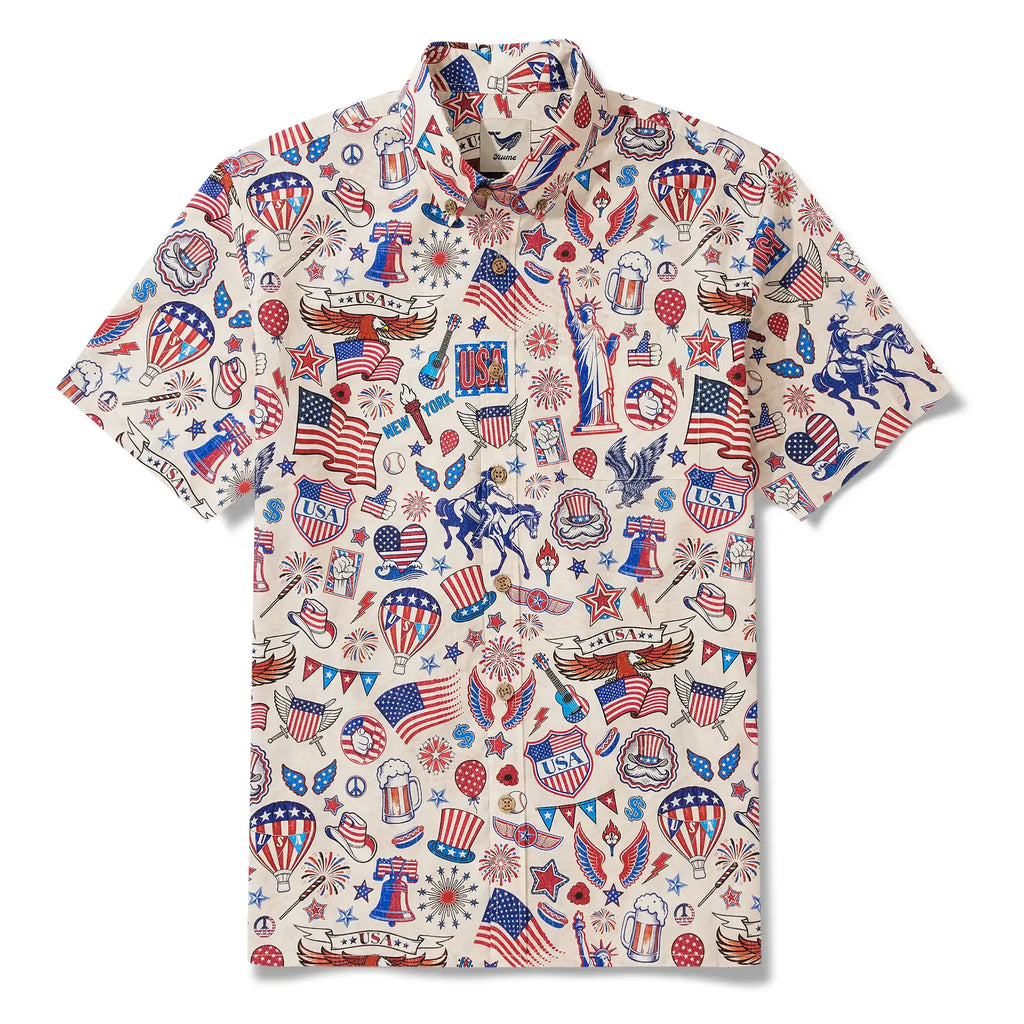 Men's Hawaiian Shirt Short Sleeve Button-down 100% Cotton Blue Red Aloha Liberty’s Patriot Canvas By Cigar