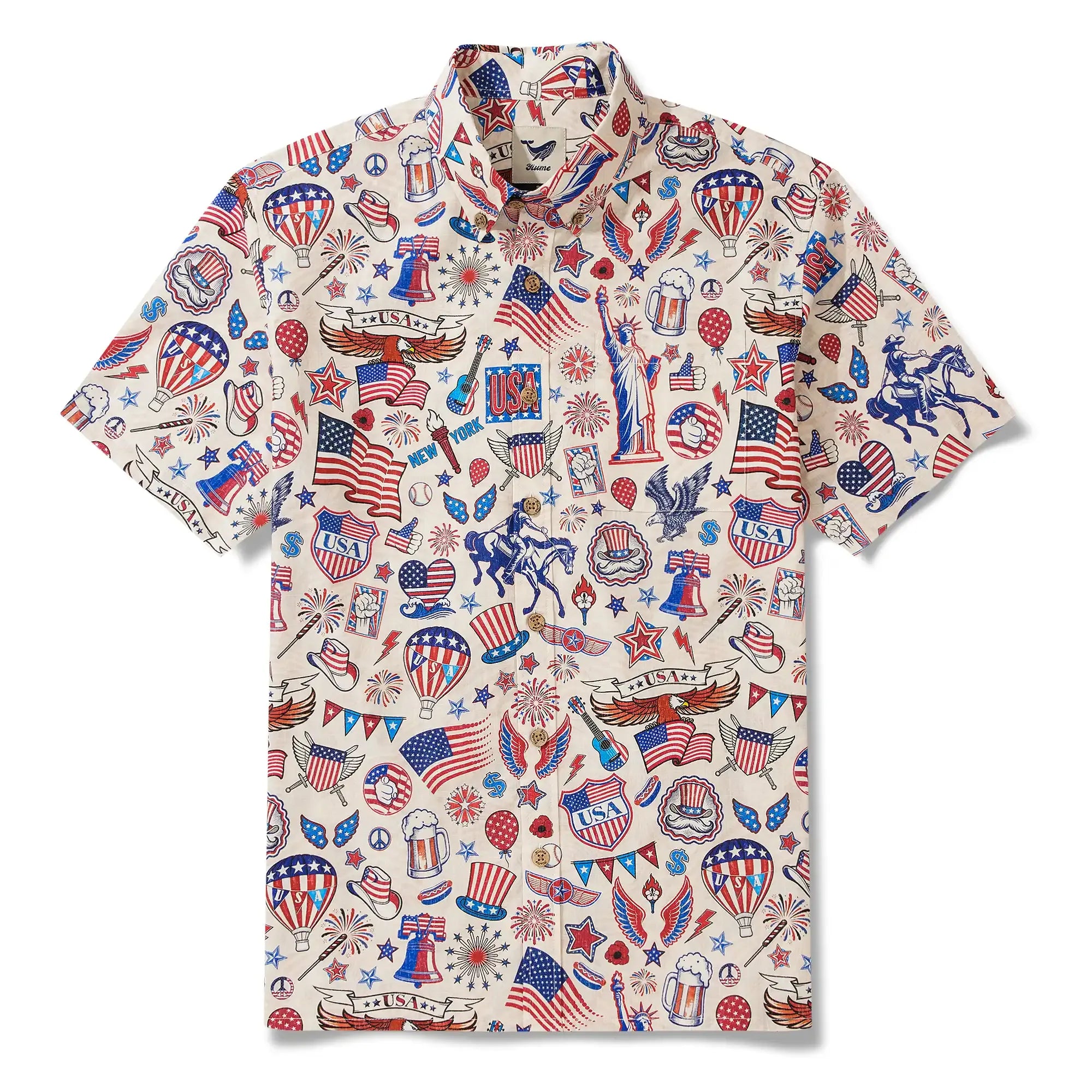 Men's Hawaiian Shirt Short Sleeve Button-down 100% Cotton Blue Red Aloha Liberty’s Patriot Canvas By Cigar