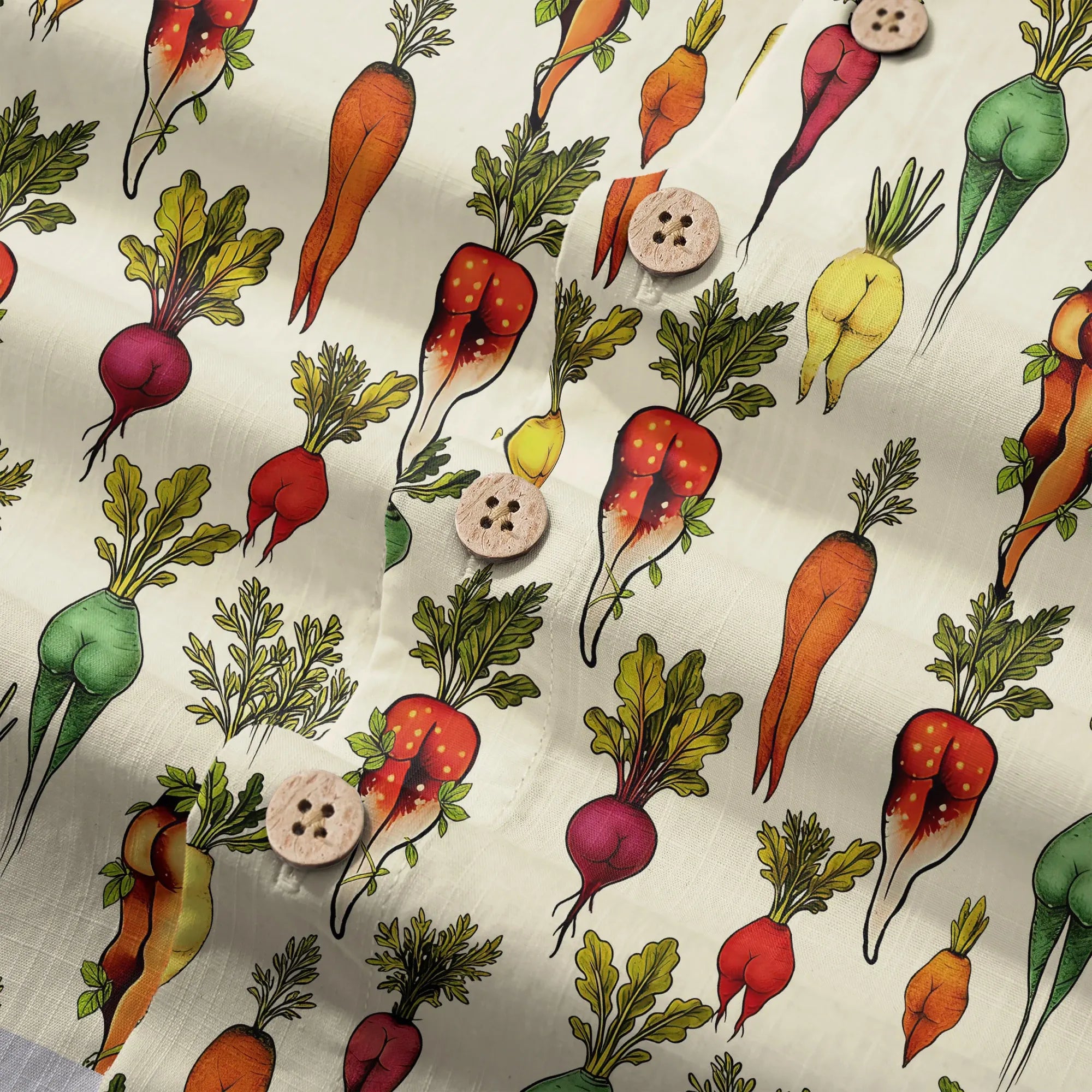 LeosWare® Carrot Men's Hawaiian Shirt Short Sleeve Button-up 100% Cotton Beige Aloha Bootylicious Veggie Bash By Ann