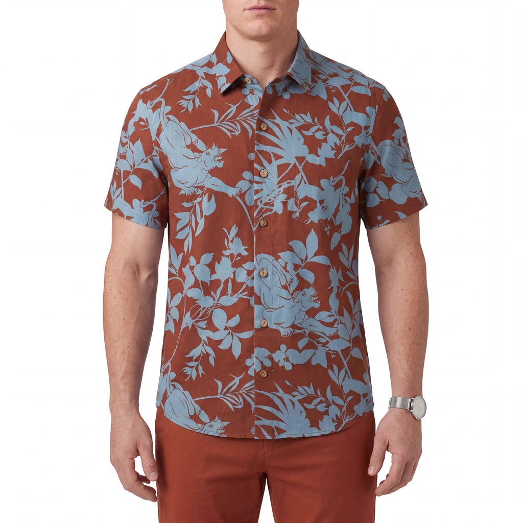 Chemise Hawaïenne pour Homme LeosWare® à Manches Courtes Boutonnée 100 % Coton bleue Aloha Jungle Feline Fantasy par Huan huan