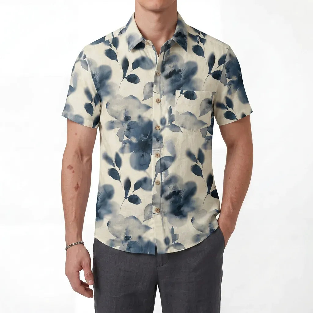LeosWare® Men's Hawaiian Shirt Short Sleeve Button-up 100% Cotton Blue Aloha Blue And White Ink Charm By Ann