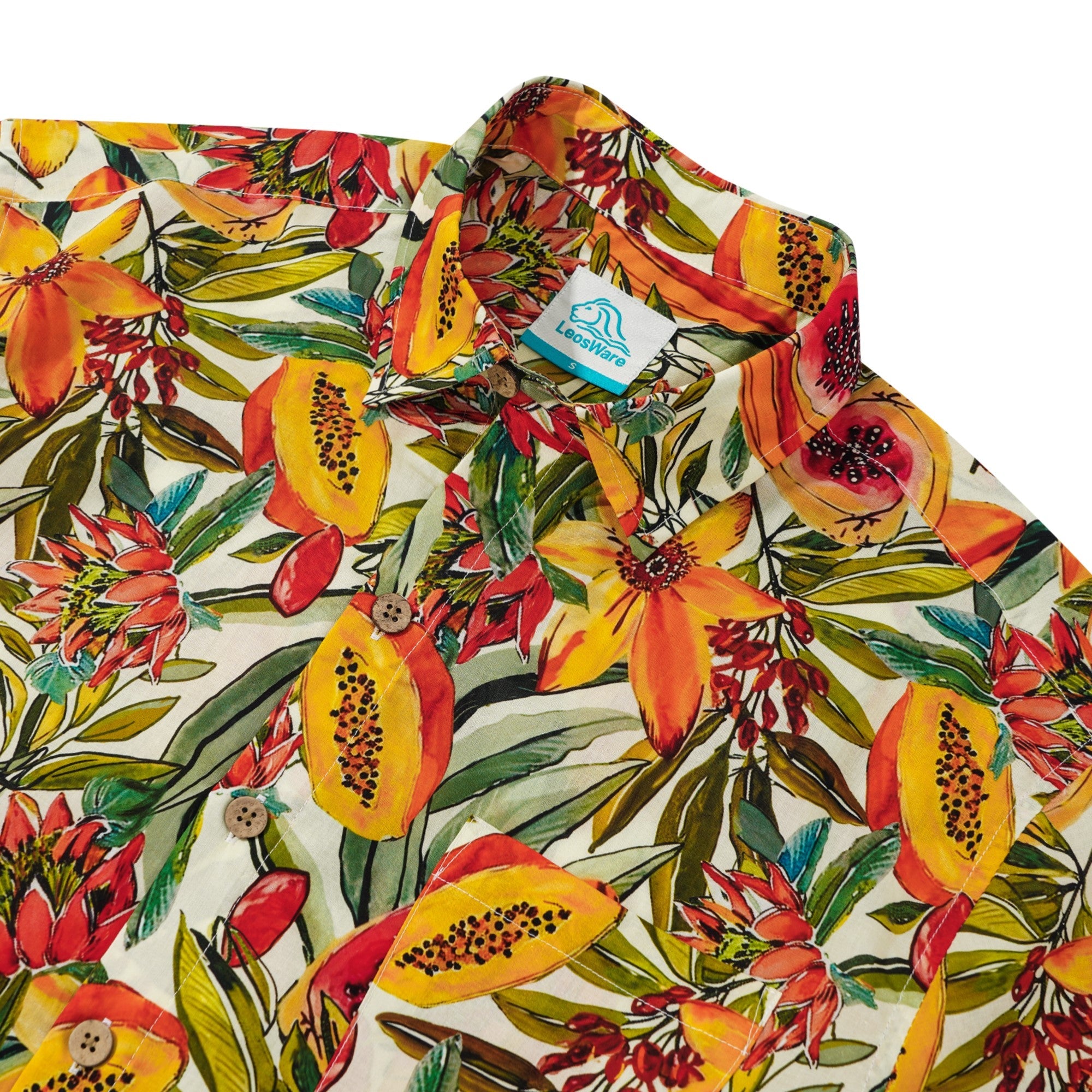 LeosWare® Men's Hawaiian Shirt Short Sleeve Button-up 100% Cotton Orange Aloha Tropical Fruit Bloom Spectacle By Ethan