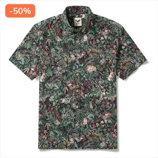 Men's Hawaiian Shirt Short Sleeve Button-down 100% Cotton Green Aloha Vintage Countryside Tale Of First Snow By Cigar