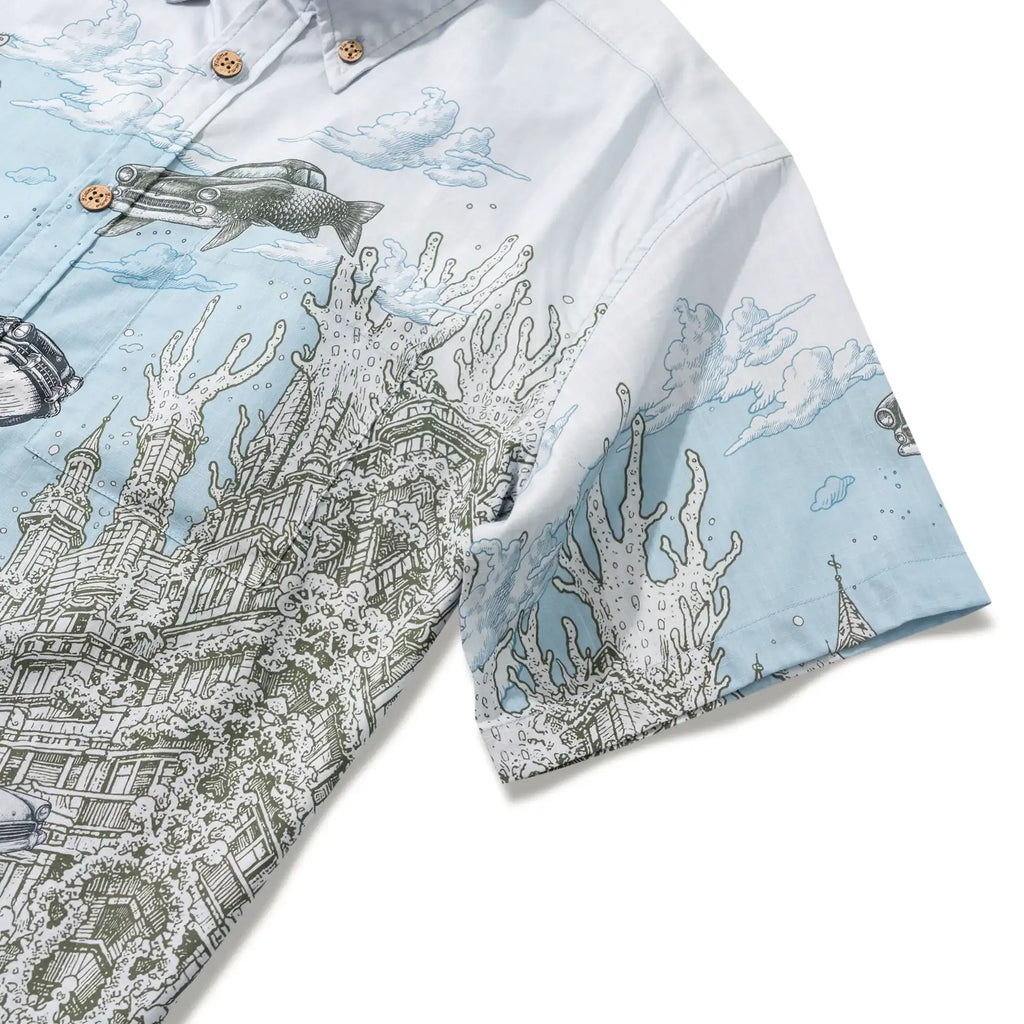 Men's Hawaiian Shirt Short Sleeve Button-down 100% Cotton Blue Aloha Atlantis Coral Cruisers By Cigar