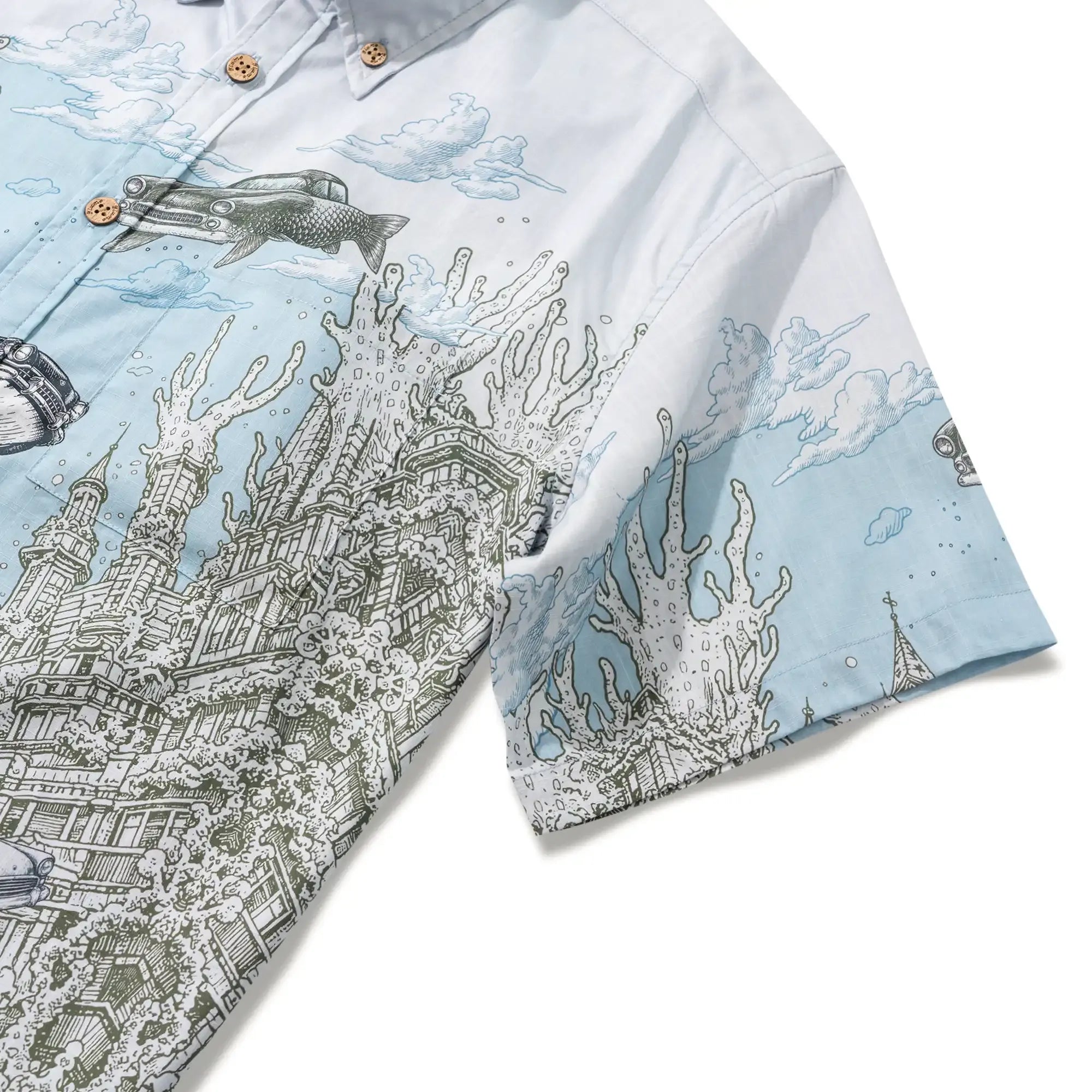 Men's Hawaiian Shirt Short Sleeve Button-down 100% Cotton Blue Aloha Atlantis Coral Cruisers By Cigar