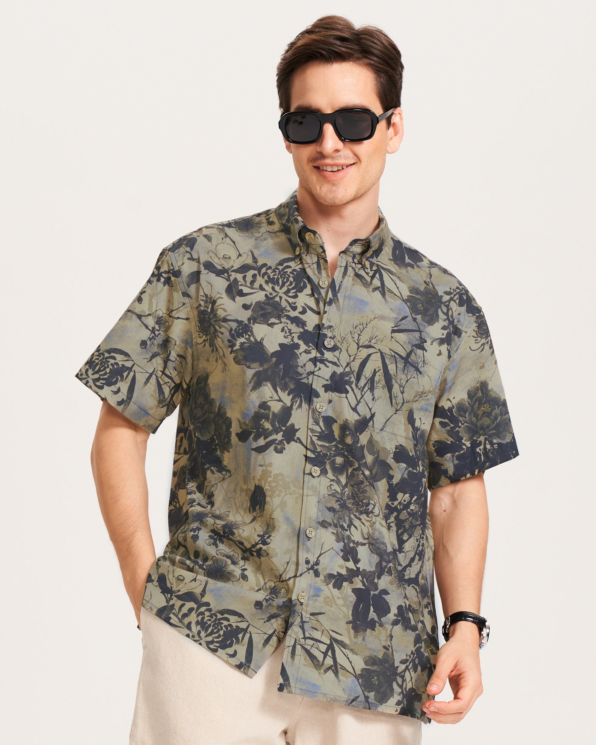 Men's Hawaiian Shirt Short Sleeve Button-down 100% Cotton Brown Aloha Shirt By Sun