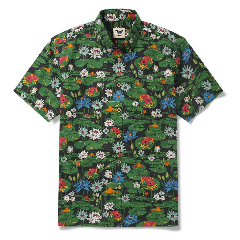 Men's Hawaiian Shirt Short Sleeve Button-down 100% Cotton Green Water Lily Aloha Happy Frogs By Diane Gosselin