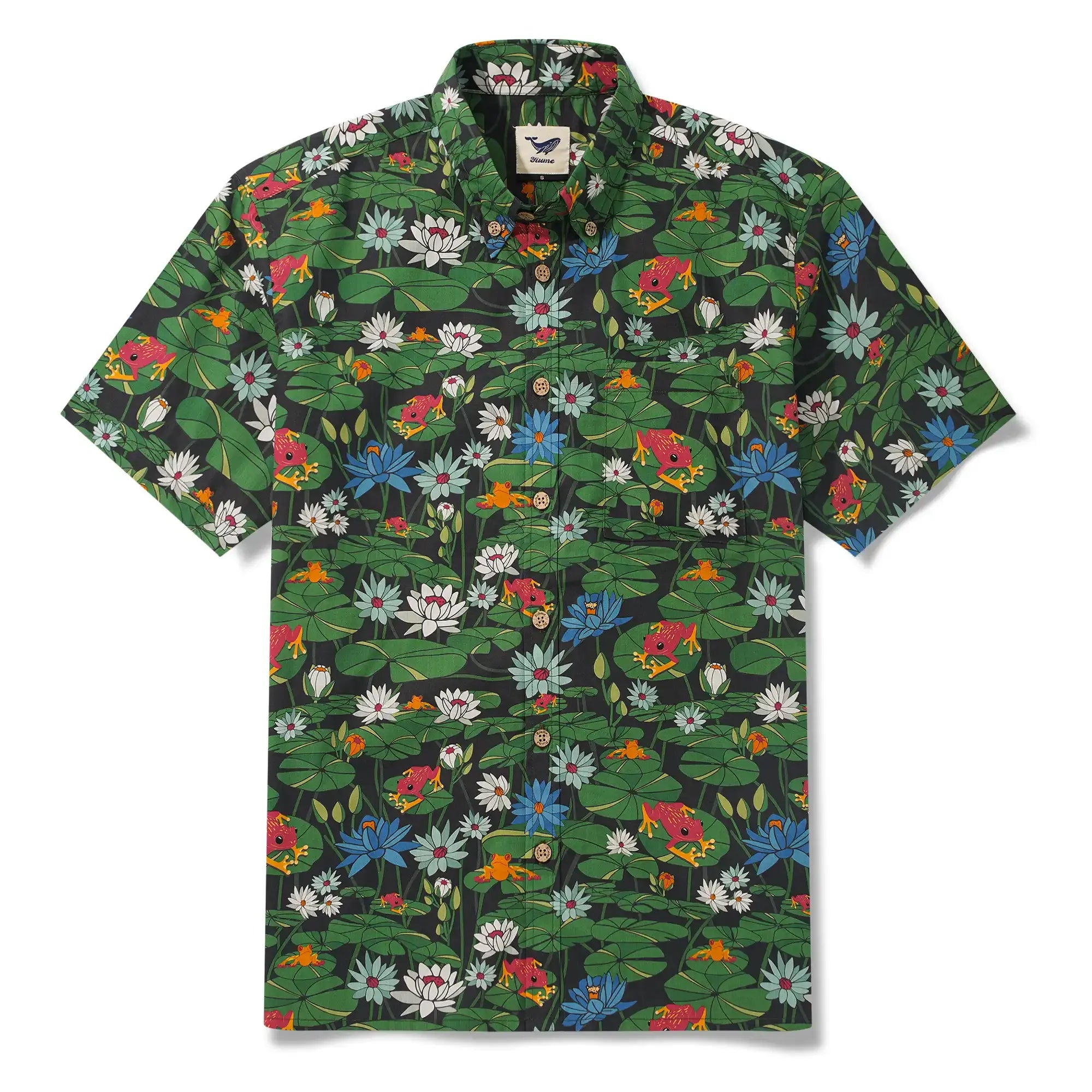 Men's Hawaiian Shirt Short Sleeve Button-down 100% Cotton Green Water Lily Aloha Happy Frogs By Diane Gosselin