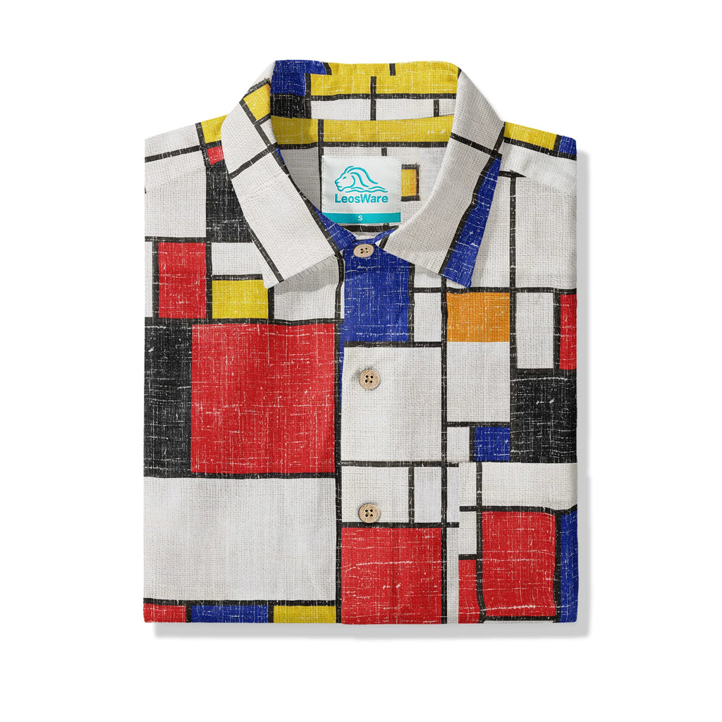 LeosWare® Men's Hawaiian Shirt Short Sleeve Button-up 100% Cotton White Aloha Mondrian Vintage Canvas By Ann