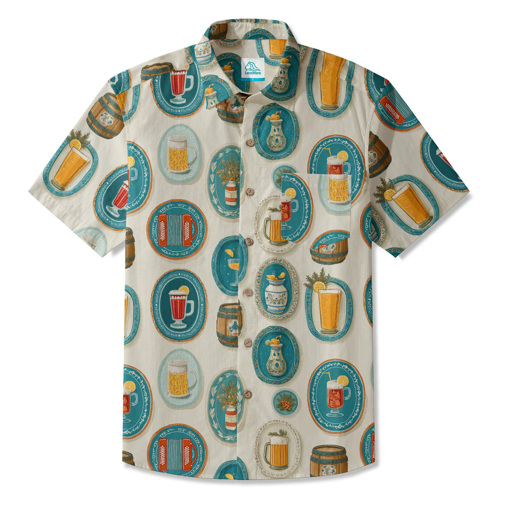 LeosWare® Men's Hawaiian Shirt Short Sleeve Button-up 100% Cotton Aloha Beer Festival Keepsake Plate By Ann