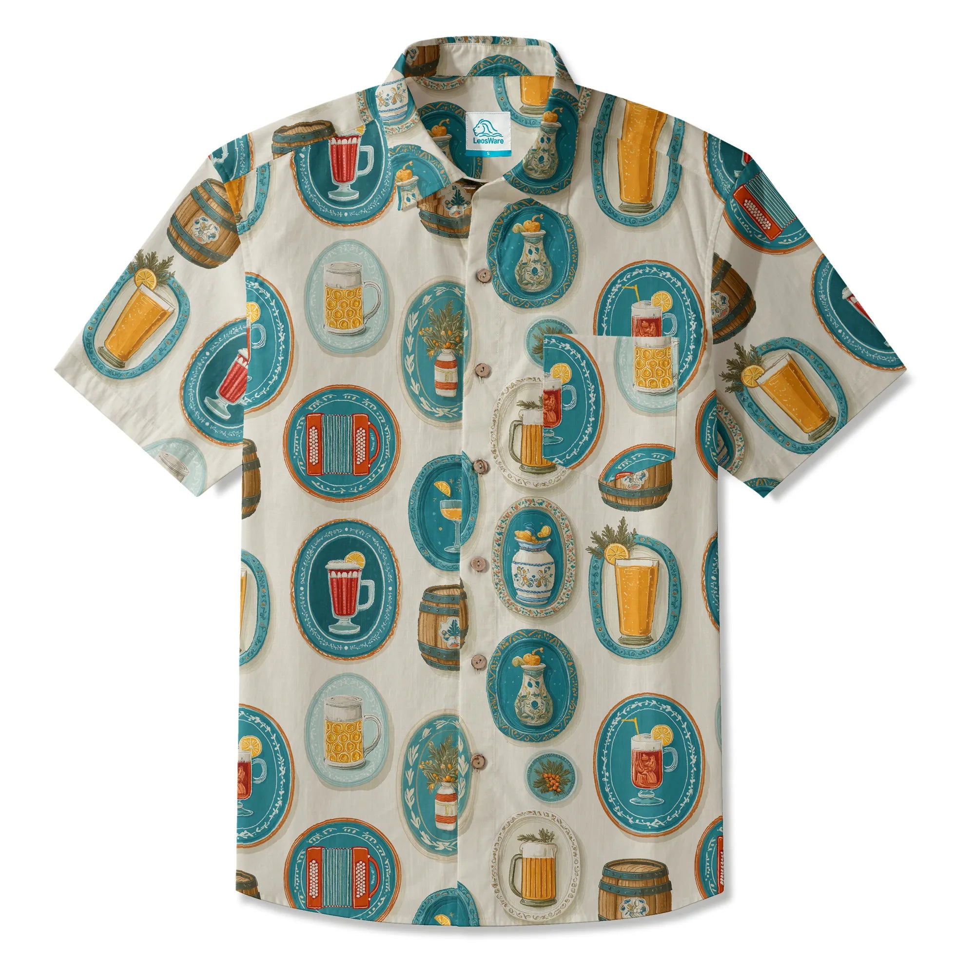 LeosWare® Men's Hawaiian Shirt Short Sleeve Button-up 100% Cotton Aloha Beer Festival Keepsake Plate By Ann