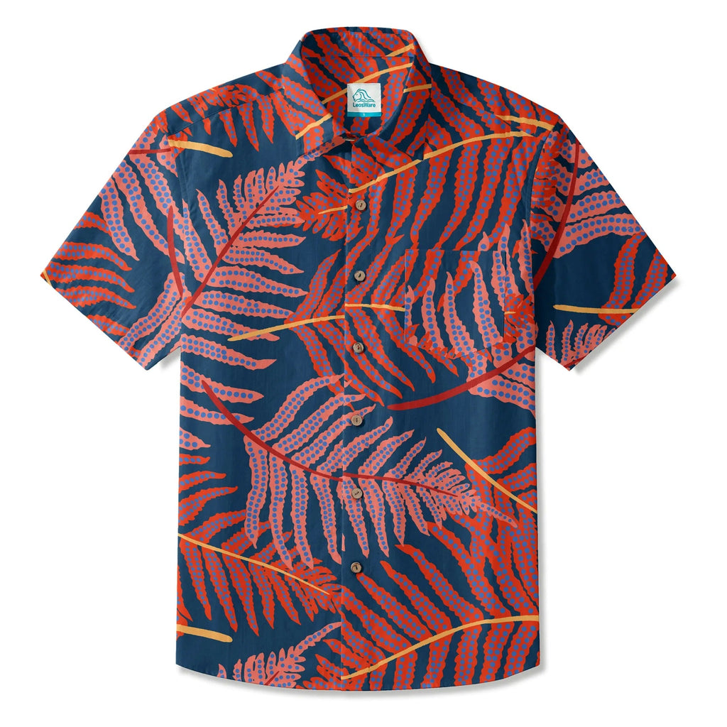 Chemise hawaïenne pour hommes LeosWare® à manches courtes boutons en 100 % coton bleu Aloha fougères rouges ombres nocturnes par Ann