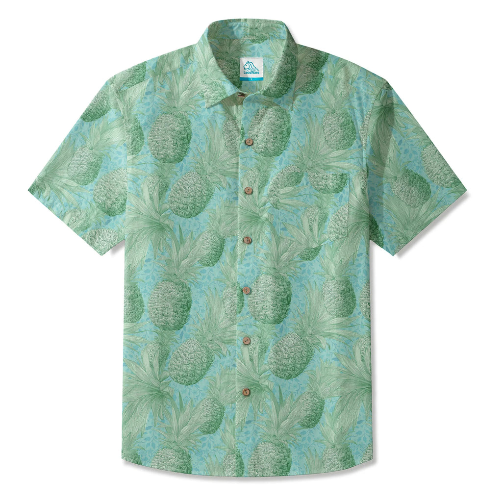 LeosWare® Men's Hawaiian Shirt Short Sleeve Button-up 100% Cotton Green Aloha Mint Green Pineapple Grove By Ann