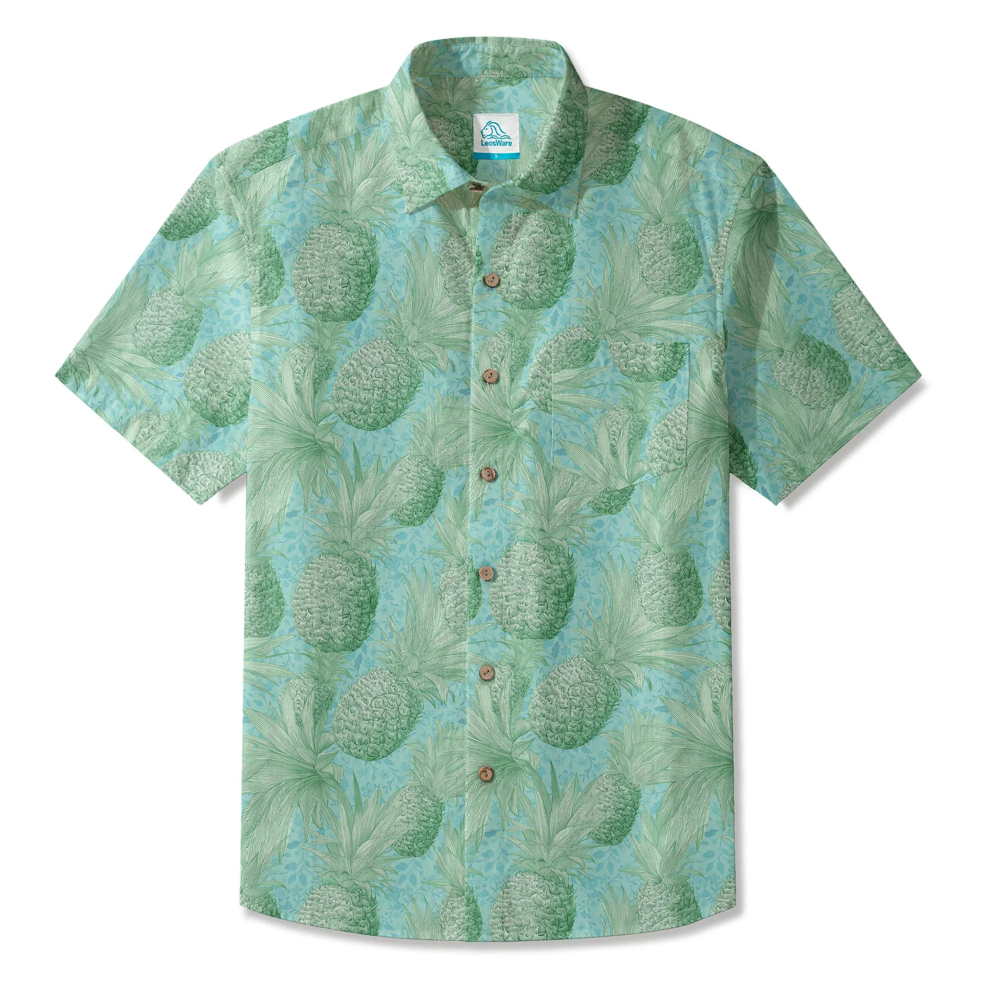 LeosWare® Men's Hawaiian Shirt Short Sleeve Button-up 100% Cotton Green Aloha Mint Green Pineapple Grove By Ann