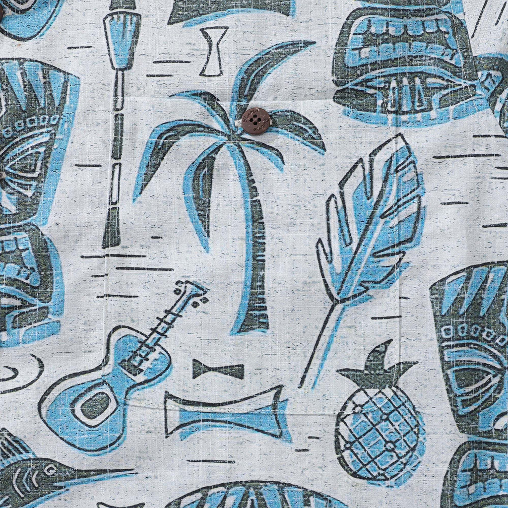 Tiki Men's Hawaiian Shirt Short Sleeve Camp Collar 100% Cotton Blue Aloha By Yakima