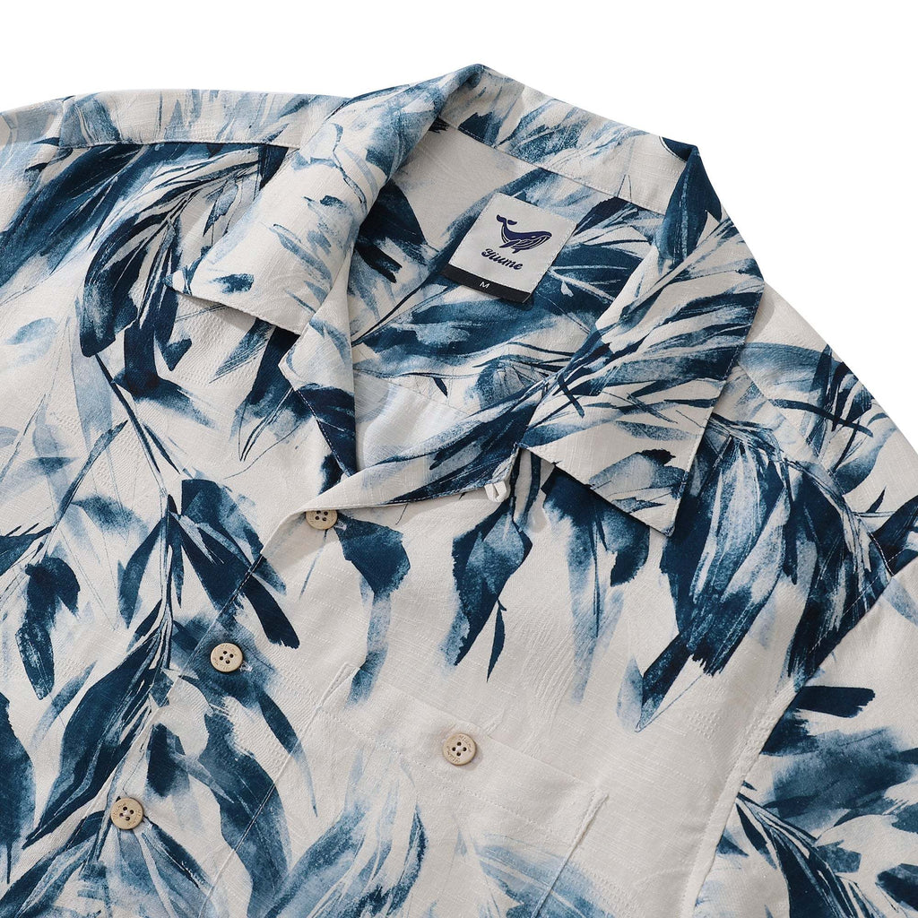 Men's 100%Silk Hawaiian Shirt Painting Bamboo Leaves Print Camp collar Short Sleeve Aloha Shirt By Amy