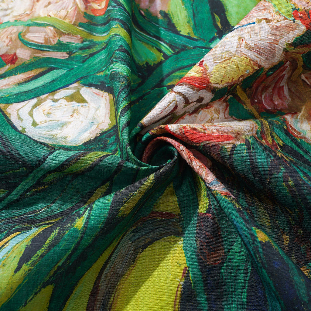 Men's Hawaiian Shirt Short Sleeve Camp Collar 100% Cotton Green Aloha Van Gogh Blossoms By Mo