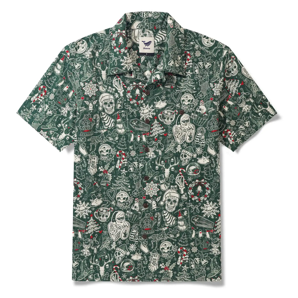 Christmas Gift Men's Hawaiian Shirt Short Sleeve Camp Collar 100% Cotton Green Aloha Christmas Party By Mo