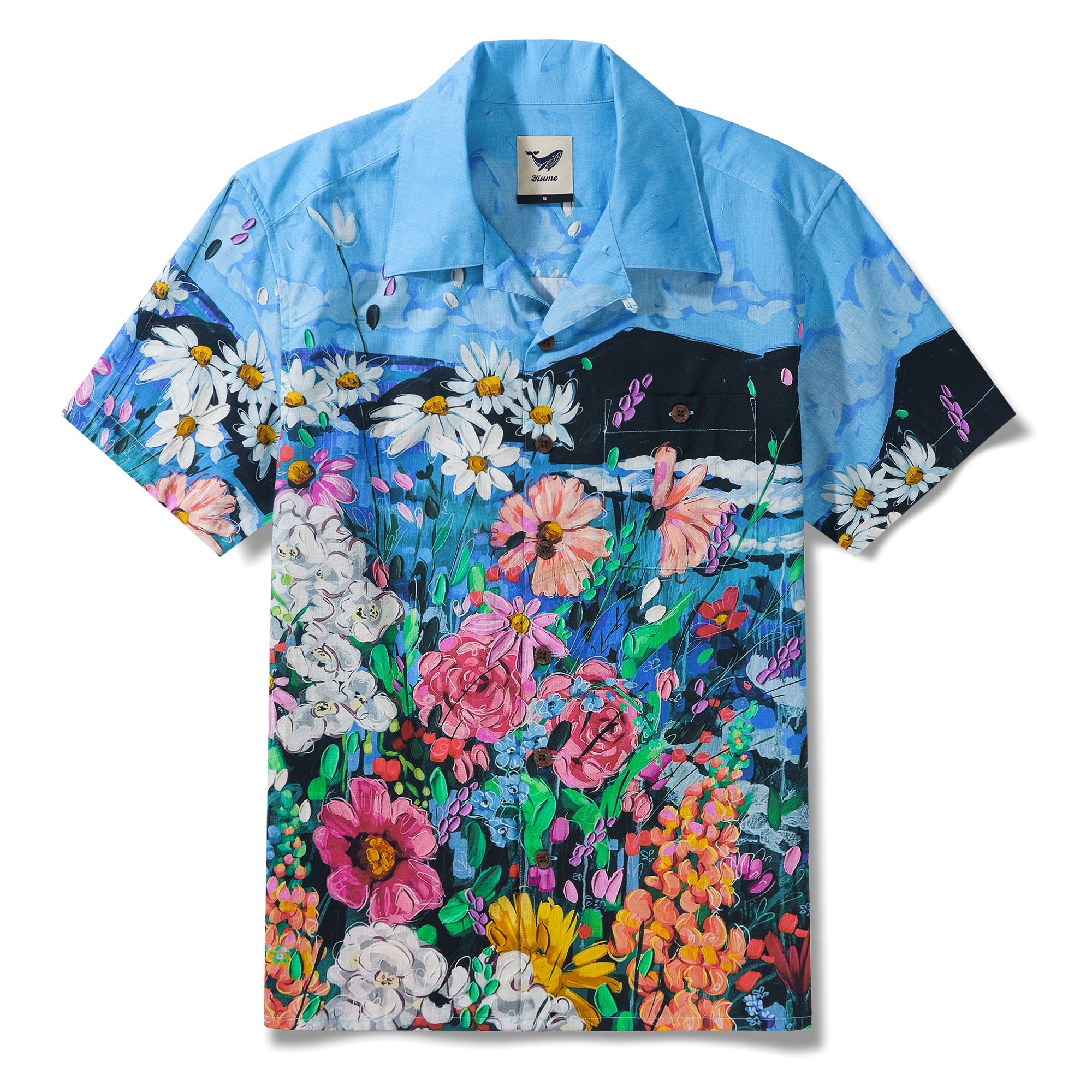 Ocean By Katie Leigh Stewart 100% Cotton Men's Short Sleeve Camp Collar Shirt Blue Aloha Hawaiian