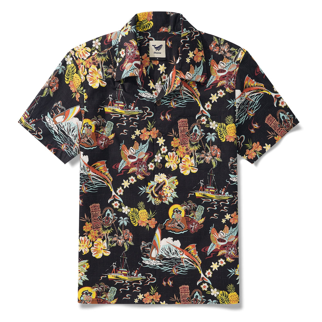 Tiki Men's Vintage Hawaiian Shirt Black Tiki Shirt Short Sleeve Camp Collar 100% Cotton Aloha Shirt Vintage Aloha By Sun