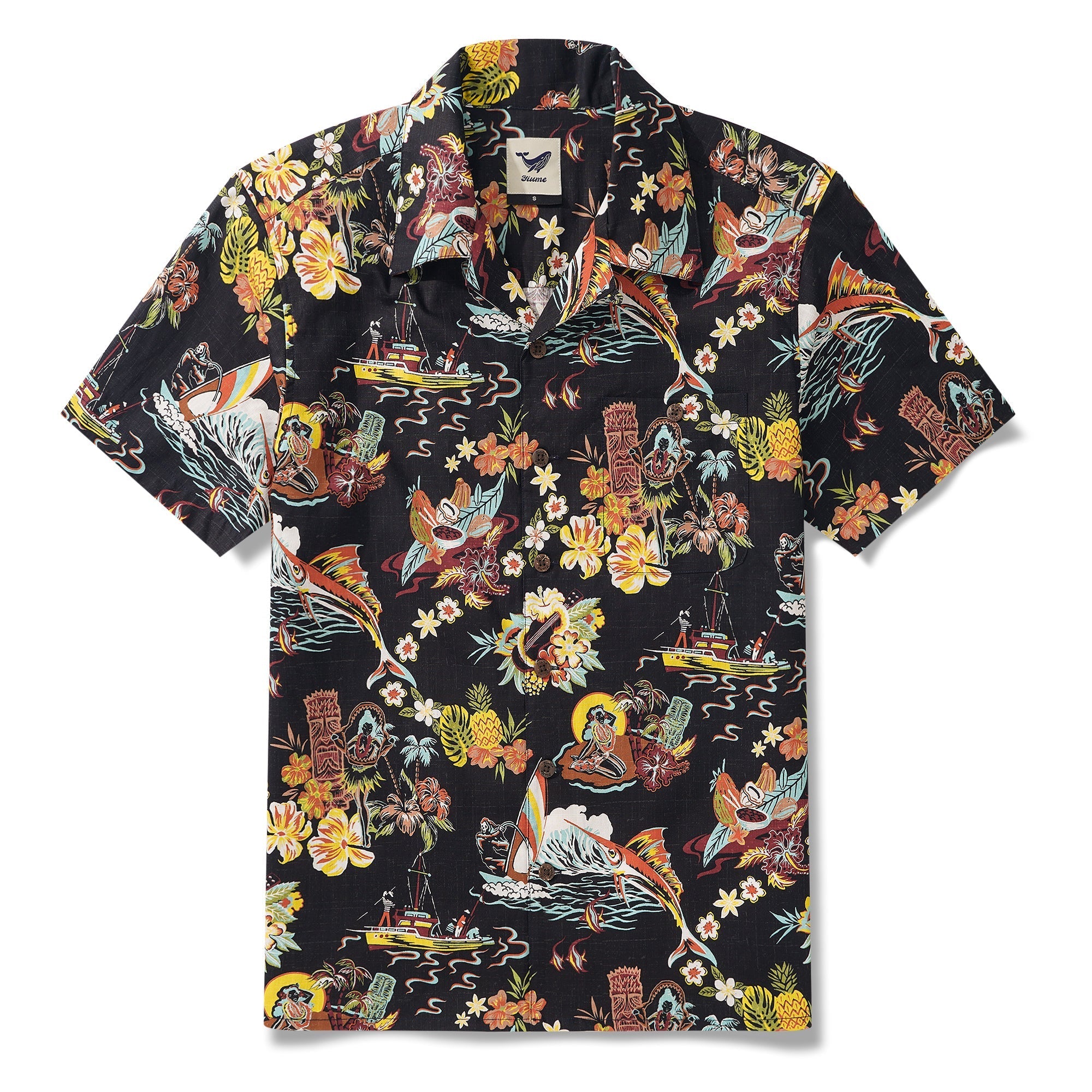 Tiki Men's Vintage Hawaiian Shirt Black Tiki Shirt Short Sleeve Camp Collar 100% Cotton Aloha Shirt Vintage Aloha By Sun