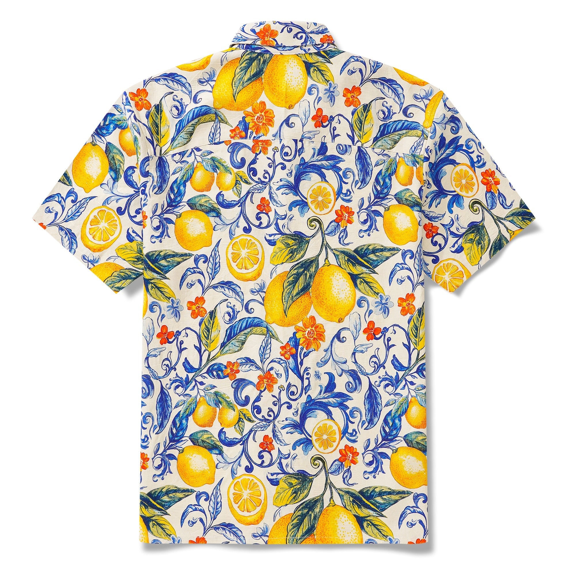 100% Silk Men's Hawaiian Shirt Short Sleeve Camp Collar 100% Silk Blue Aloha Sunlit Lemons By Mo