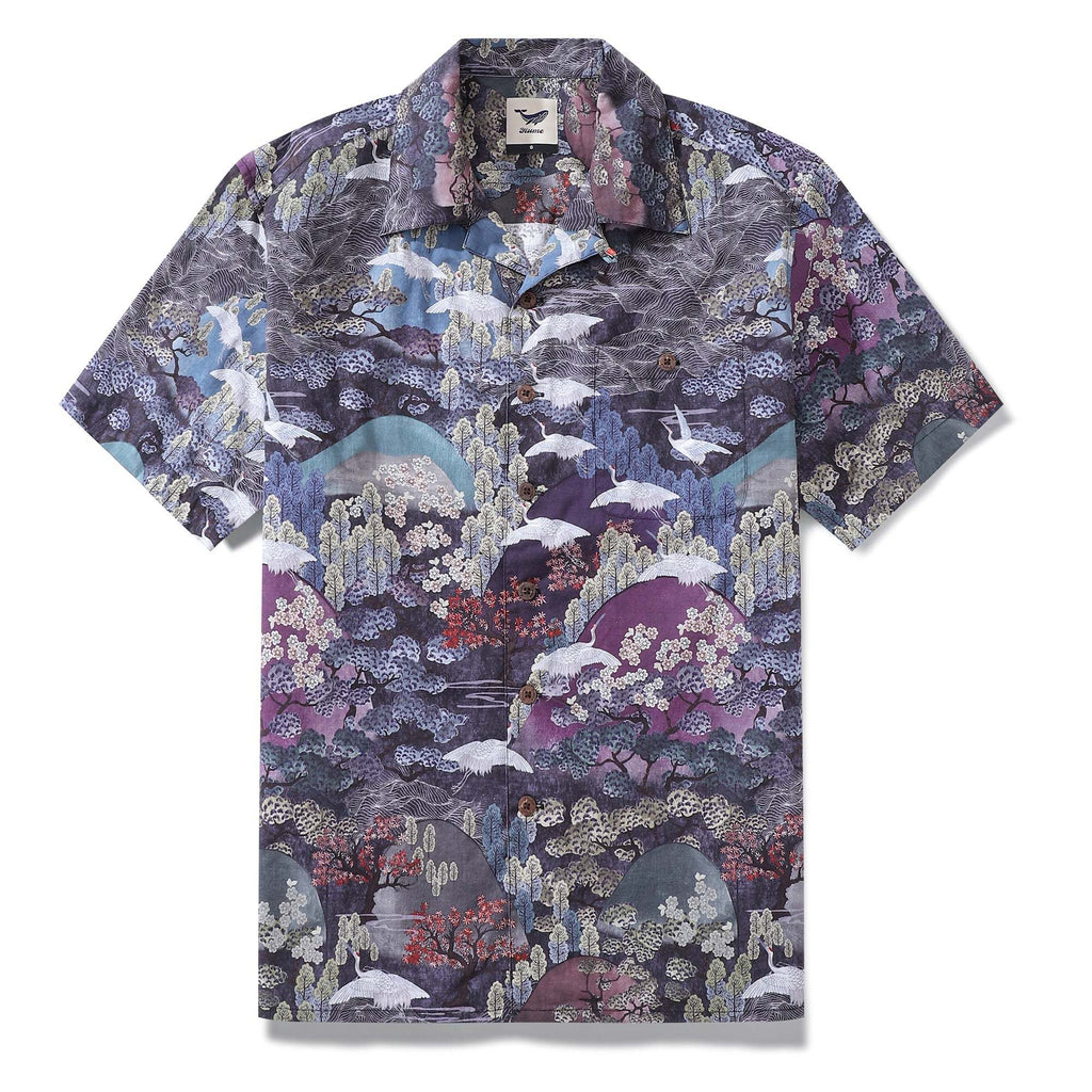 Men's Hawaiian Shirt Short Sleeve Camp Collar 100% Cotton Purple Aloha Twilight Cranes 1950s Vintage By Sylvia